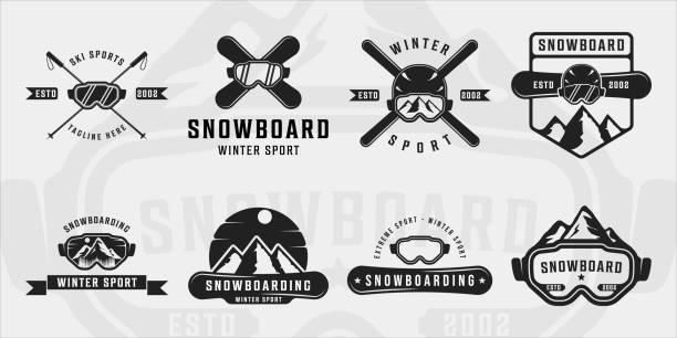 ilustrações de stock, clip art, desenhos animados e ícones de set of snowboard or ski  vintage vector illustration template icon graphic design. bundle collection of various extreme sport winter sign or symbol for competition or emblem for business - skiing ski sport snow