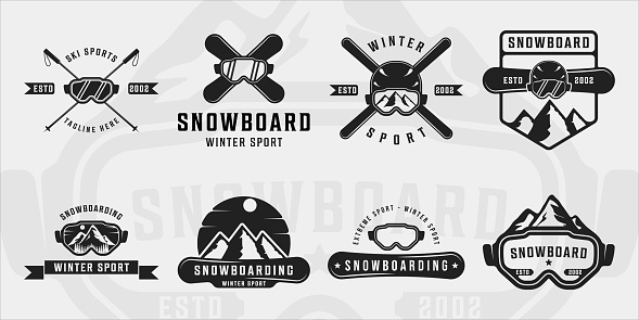 set of snowboard or ski  vintage vector illustration template icon graphic design. bundle collection of various extreme sport winter sign or symbol for competition or emblem for business