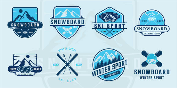 zestaw logo snowboardu lub nart nowoczesnego szablonu ilustracji wektorowej vintage ikona graficzna. kolekcja pakietów różnych nowoczesnych kolorów znaku lub symbolu sportów ekstremalnych dla zimowej koncepcji biznesowej - snowboard stock illustrations