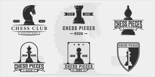 illustrazioni stock, clip art, cartoni animati e icone di tendenza di set di pezzi di scacchi vintage illustrazione vettoriale modello icona grafica design. raccolta di pacchetti di vari segni o simboli sportivi strategici per competizioni o tornei - black hobbies chess knight chess