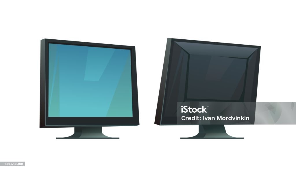 Computer Set All Views Computer Monitor Power Front And Back Views Cartoon Style Object ...
