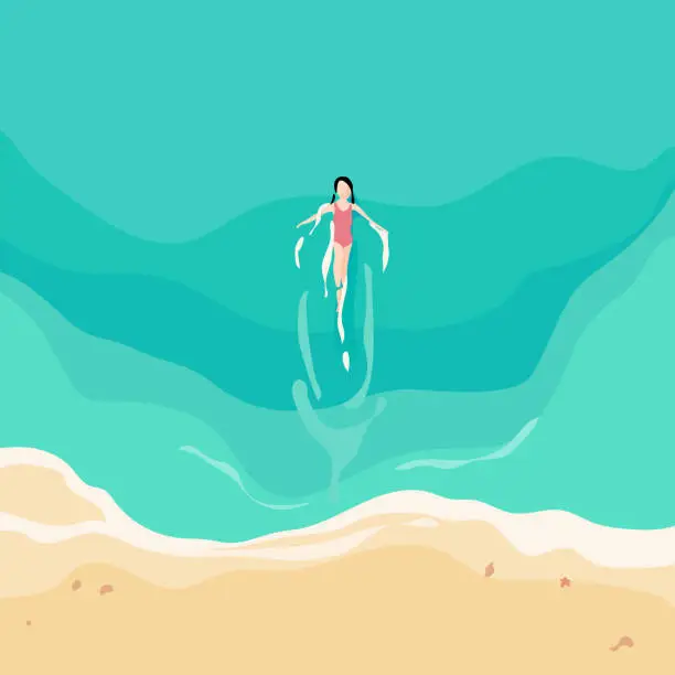 Vector illustration of Woman relaxing swimming by the sea in summer.