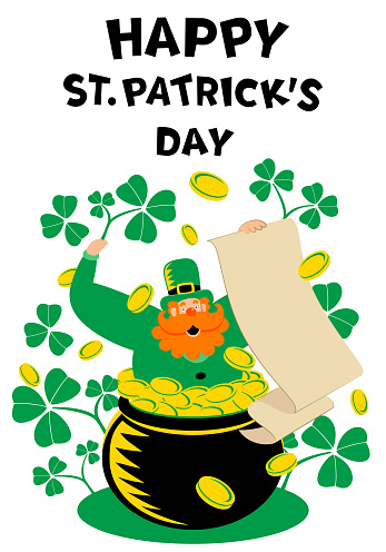The mysterious leprechaun popping out of a pot of gold is unrolling a medieval paper scroll and wishing "Happy St. Patrick's Day"