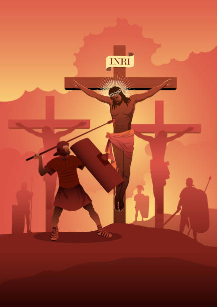 ein römischer soldat ersticht jesus christus - station of the cross stock-grafiken, -clipart, -cartoons und -symbole