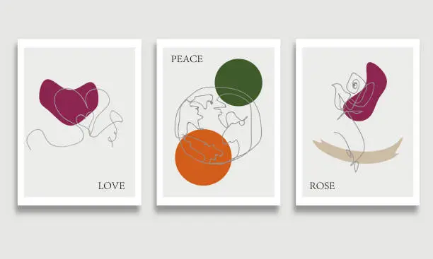 Vector illustration of Vector set of trendy posters with abstract line drawing of heart and world map globe earth and rose illustration modern art minimalism concept homemade card banner background
