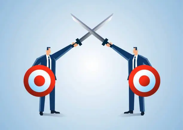 Vector illustration of War and conflict, two businessmen holding swords and shields and fighting together.