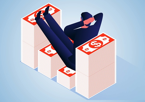 Isometric wealthy happy businessman leisurely lying inside stack of banknotes