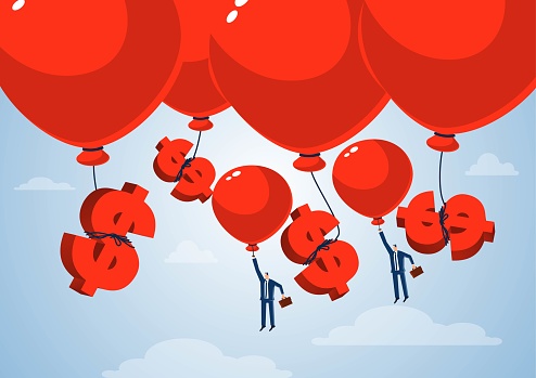 Bunch of balloons flying to the sky with dollar sign and businessman, dollar rises, dollar exchange rate appreciation, currency rate hike policy