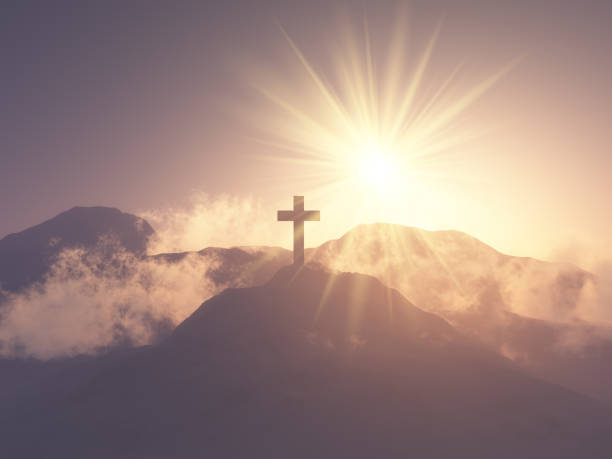 3D landscape with cross on hill - he is risen 3D render of a landscape with cross on hill - he is risen religion stock pictures, royalty-free photos & images