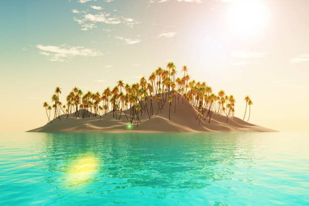 istock 3D tropical palm tree island in the sea 1383246304