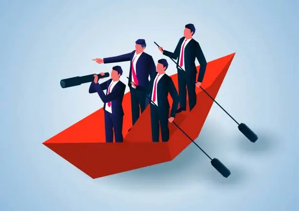 Vector illustration of Isometric business team group standing on red paper boat floating on sea, one businessman holding binoculars to observe one businessman directing two others to paddle, business team and business marketing