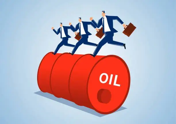 Vector illustration of Crazy oil barrels, three businessmen running on rolling oil barrels, crazy increasing crude oil price