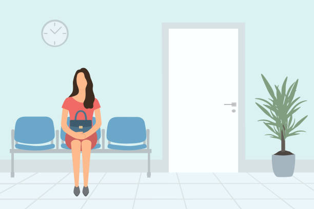 молодая женщина ожидает времени приема в больнице или в офисе - chair meeting waiting room entrance hall stock illustrations