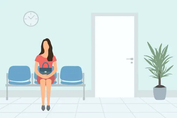 Vector illustration of Young Woman Waiting Appointment Time In Hospital Or In Office