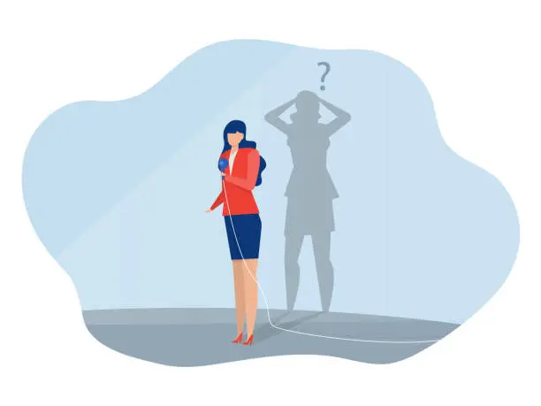 Vector illustration of imposter syndrome, presenter woman with shadow himself for Anxiety and lack of self confidence at work vector