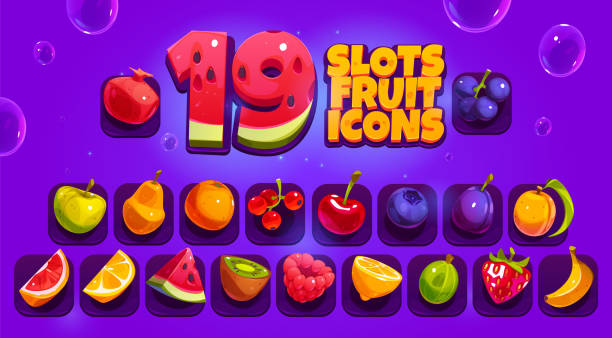 illustrazioni stock, clip art, cartoni animati e icone di tendenza di slot gioco frutta e bacche icone - raspberry gooseberry strawberry cherry