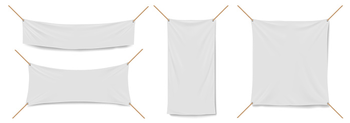 Blank white vinyl banners template. Mockup of empty canvas posters hanging with ropes. Vector realistic set of horizontal, vertical and square textile advertising streamers