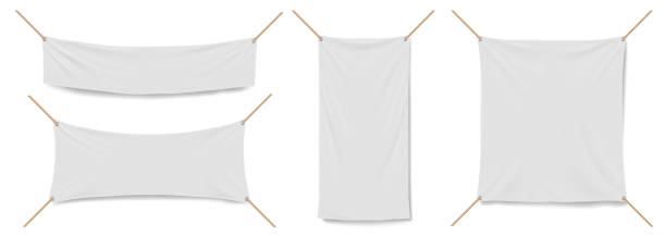 Blank white vinyl banners template Blank white vinyl banners template. Mockup of empty canvas posters hanging with ropes. Vector realistic set of horizontal, vertical and square textile advertising streamers hanging fabric stock illustrations