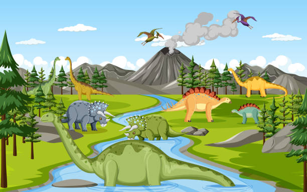 illustrazioni stock, clip art, cartoni animati e icone di tendenza di dinosauro nella scena della foresta preistorica - paleontologo