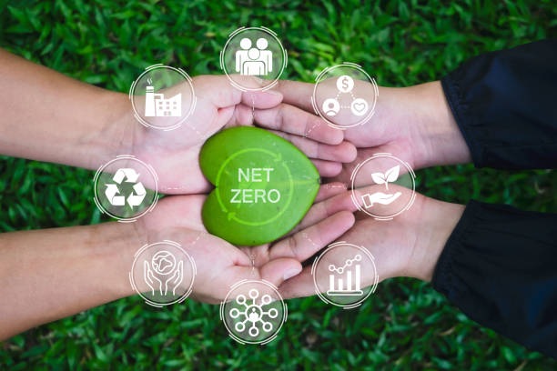Net zero and carbon neutral concept. Hands adult Teamwork harmony Holding heart leaf on hands with green net zero icon and green icon. Net zero greenhouse gas emissions target. Climate neutral long term strategy. concepto de cero neto y carbono neutral. manos adulto armonía de trabajo en equipo sosteniendo la hoja del corazón en las manos con el icono verde neto cero y el icono verde. objetivo de cero emisiones netas de gases de efecto invernadero. estrategia cli