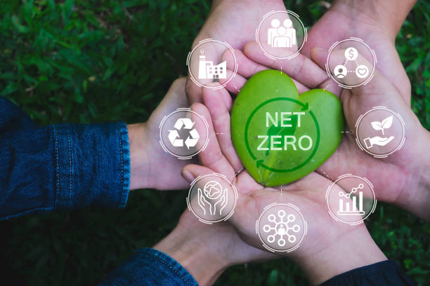 istock Net zero and carbon neutral concept. Hands adult Teamwork harmony Holding heart leaf on hands with green net zero icon and green icon. Net zero greenhouse gas emissions target. Climate neutral long term strategy. 1383266089