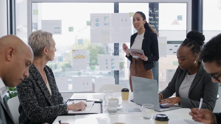 4k video footage of a young businesswoman using a digital tablet while giving a presentation to her colleagues in an office