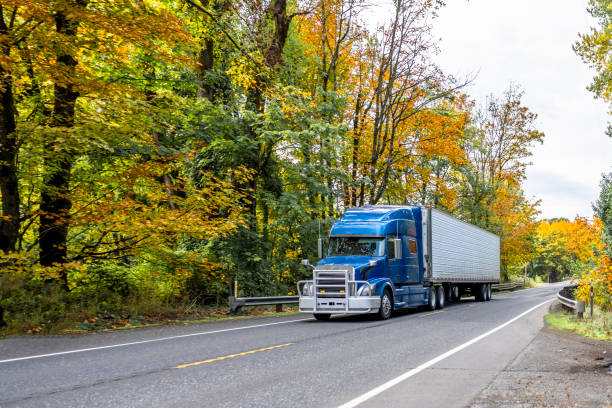 istock Bright blue big rig semi truck with refrigerator semi trailer transporting cargo running on the autumn winding road with yellow forest 1383301095