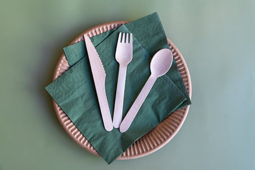 Wooden disposable cutlery (fork, spoon and knife) lies on brown cardboard plate with green paper napkin on green background. Selective focus. Environmental conservation theme.