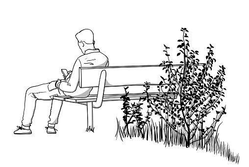 Young man in a secluded park bench relaxing and playing on his smart phone in this vector illustration sketch drawing.