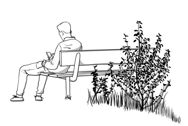 GuyCellphoneBench Young man in a secluded park bench relaxing and playing on his smart phone in this vector illustration sketch drawing. man sitting alone drawing stock illustrations