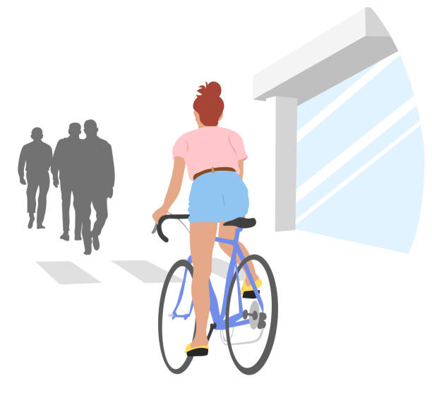 ilustraciones, imágenes clip art, dibujos animados e iconos de stock de chica pelirroja en bicicleta en la calle con negocios - young women women white background real people