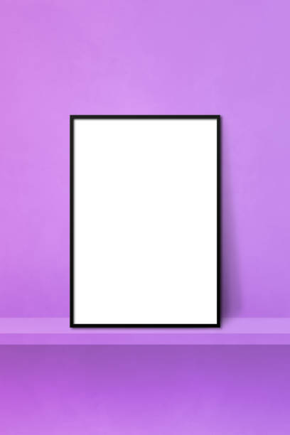 istock Black picture frame leaning on a purple shelf. 3d illustration. Vertical background 1383327872