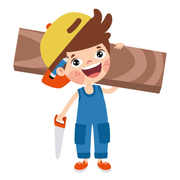 illustrazioni stock, clip art, cartoni animati e icone di tendenza di bambino del fumetto con gli strumenti di costruzione - child building activity construction engineer