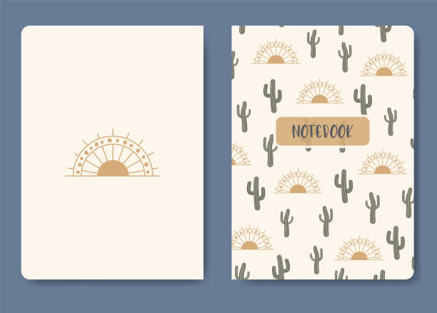 Desert cactus and sun template. Applicable for notebook covers, planners, brochures, books, catalogs etc Desert cactus and sun template. Applicable for notebook covers, planners, brochures, books, catalogs etc. Seamless patterns and masks used, easy to re-size, a5 paper cactus symbols stock illustrations