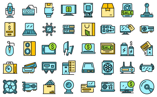 Computer store icons set vector flat Computer store icons set outline vector. Online store. Web marketplace computer shop stock illustrations