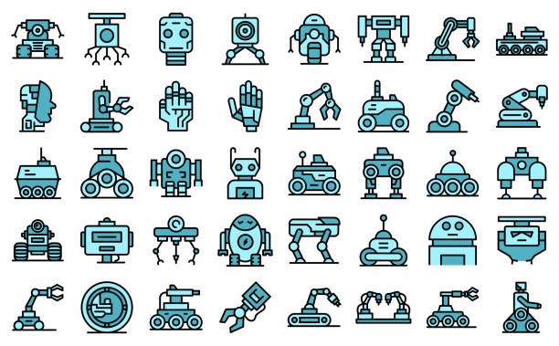 Robotics icons set vector flat Robotics icons set outline vector. Smart tech. Future robot robotics stock illustrations
