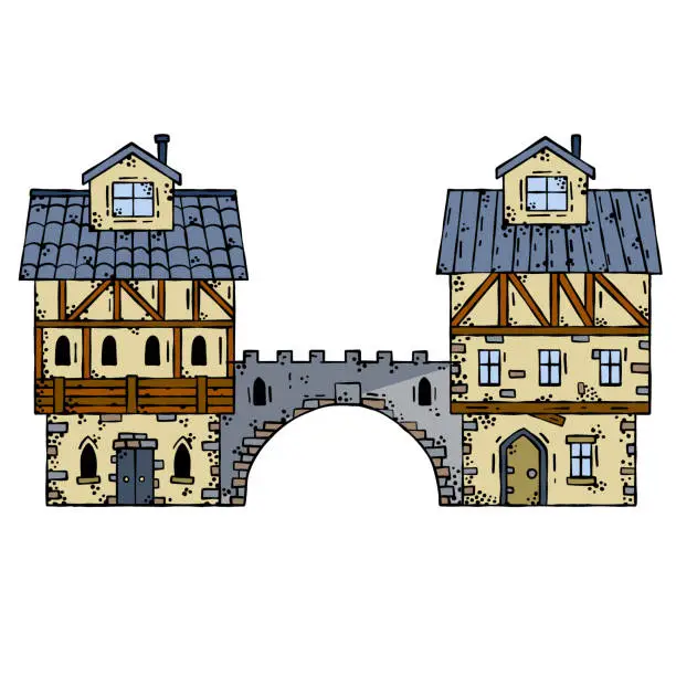 Vector illustration of Old medieval town with gate and bridge. European cartoon city. Fairy tale fortress. Wooden German houses and street.