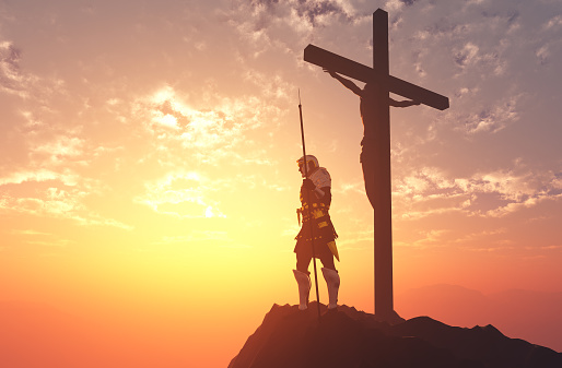 Crucified Jesus and the soldiers in the desert.,3d render