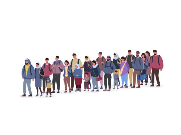 Queue refugee. Waiting people line, migration conflict, mob young iraq immigrants on border, long crowd coming patience poor persons, migrations problem, garish vector illustration Queue refugee. Waiting people line, migration conflict, mob young iraq immigrants on border, long crowd coming patience poor persons, migrations problem, vector illustration. Crowd migration illegal immigrant stock illustrations