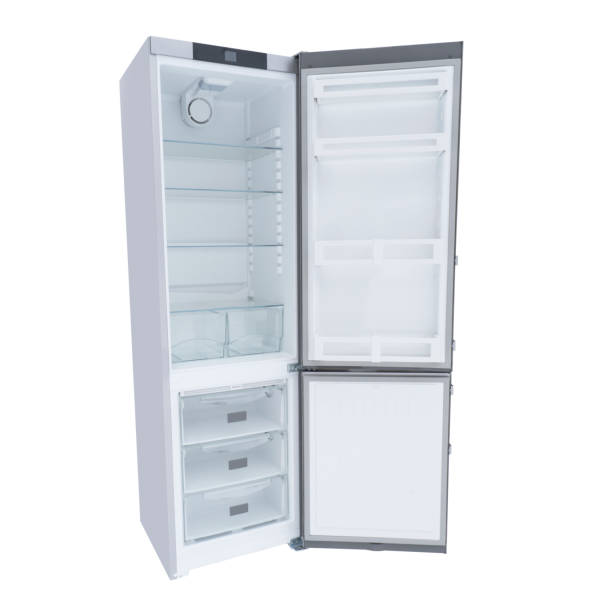 istock New refrigerator with opened doors isolated on white background. Front view of modern empty stainless steel refrigerator. Fridge freezer isolated 1383368447