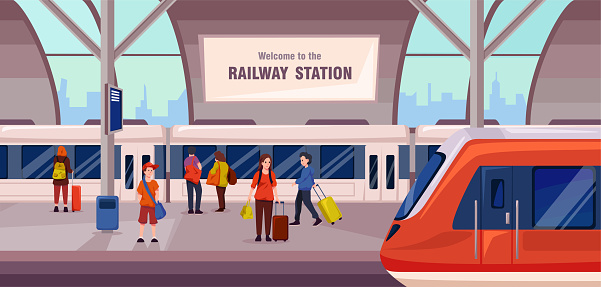 Nice vector illustration of a railway station in a cartoon style. Boarding the train people with luggage. Logistics of passenger transportation.