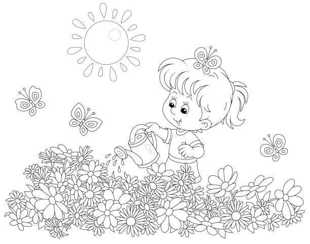 ilustraciones, imágenes clip art, dibujos animados e iconos de stock de niña feliz regando flores de colores - niña y niño libro para colorear