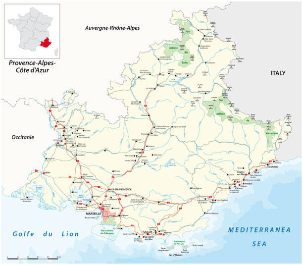 フランス・プロヴァンス=アルプ=コート・ダジュール地域の道路と国立公園地図 - france european alps provence alpes cote dazur mountain点のイラスト素材／クリップアート素材／マンガ素材／アイコン素材