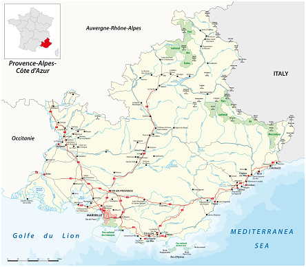 Roads and national parks map of the Provence-Alpes-Cote d Azur region, France