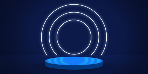 istock Modern Glowing 3D Rendered Stage with Neon Lights and Free Space Podium. Abstract product advertising stage backdrop in blue 1383384147