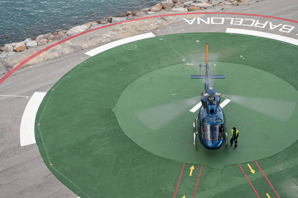 Barcelona, Spain; October 5, 2021:  Blue helicopter on the heliport AS355 Ecureuil 2 / Twin Squirrel 2