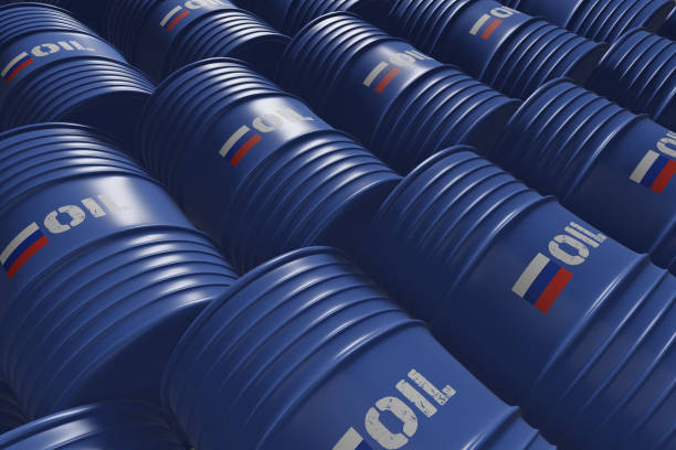 Blue metal oil barrels with Russia flag and oil written on it stock photo