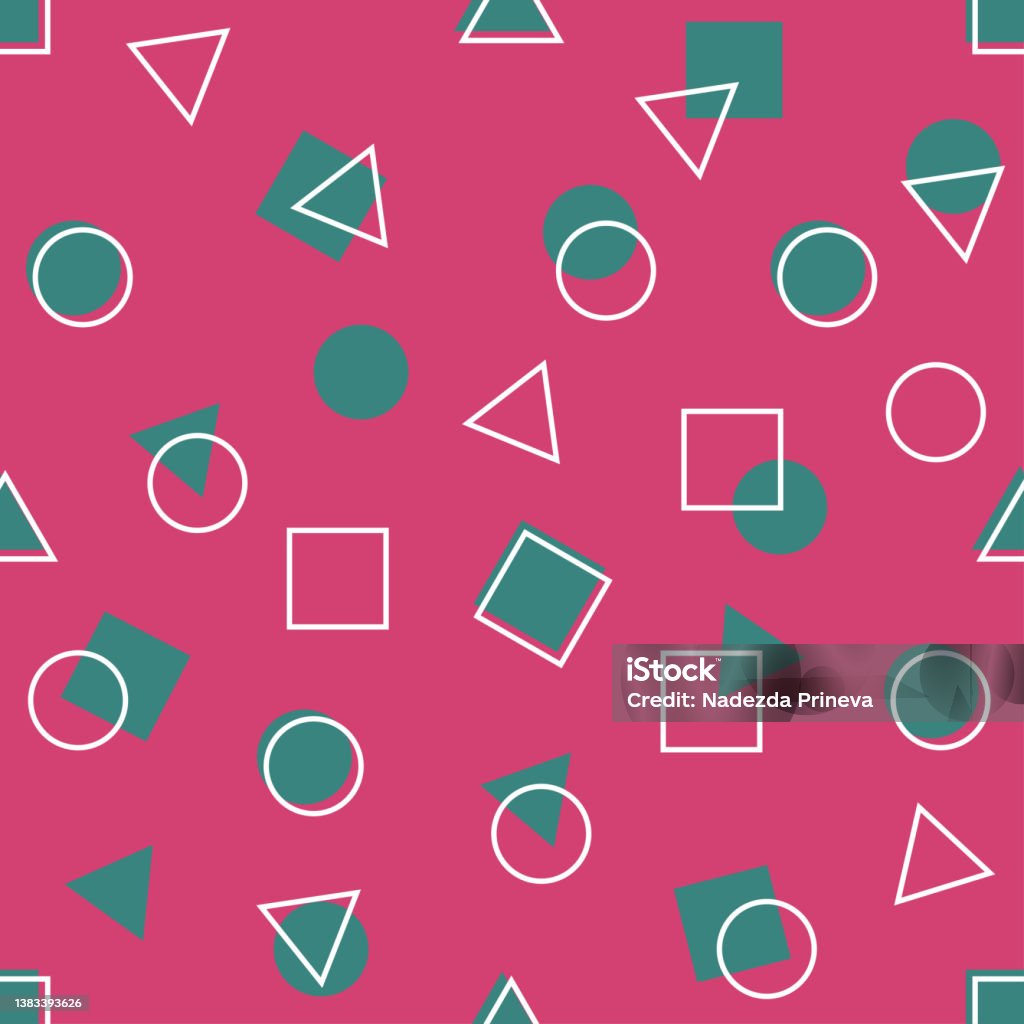 seamless pattern on pink background squares circles triangles - Royalty-free Pijlinktvis vectorkunst