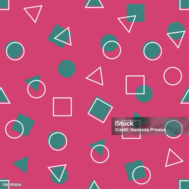 Seamless Pattern On Pink Background Squares Circles Triangles Stockvectorkunst en meer beelden van Pijlinktvis