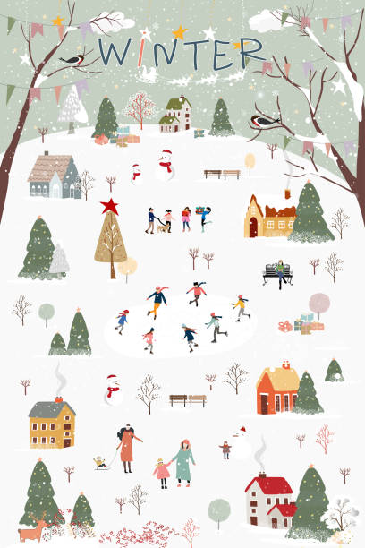 밤에는 겨울 원더랜드 풍경배경이 있으며, 마을 공원에서 즐거운 시간을 보내는 아이들과 함께 즐길 수 있습니다. 벡터 일러스트 는 크리스마스 또는 새해를위한 인사말 카드 또는 배너를위한 � - christmas village urban scene winter stock illustrations